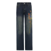 Fashionable Retro Butterfly Embroidered Low-rise Jeans