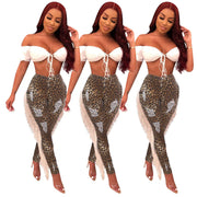 Leopard Print Distressed Fringe Denim Jeans (Q350)