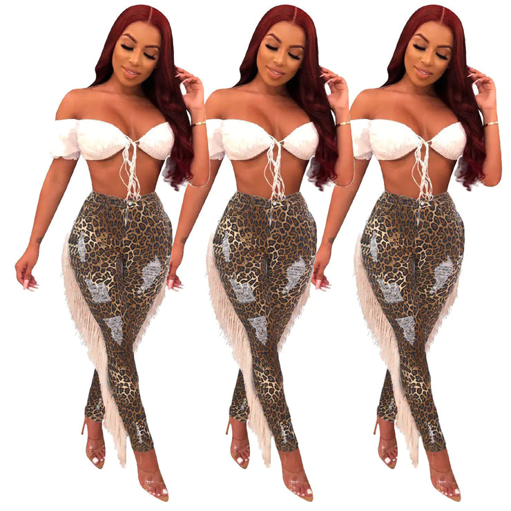 Leopard Print Distressed Fringe Denim Jeans (Q350)