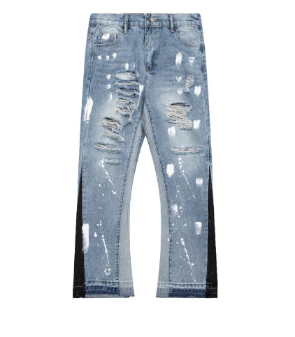 Trendy Distressed Blue Straight-Leg Jeans with Ink Details