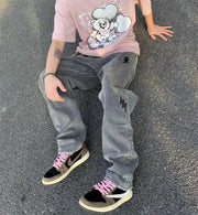 Lightning Embroidered Distressed Straight Jeans for Men