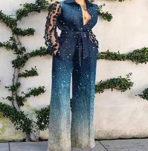 WOLFF Elegant Overalls with Lace Panel Flare Pants (One Set)