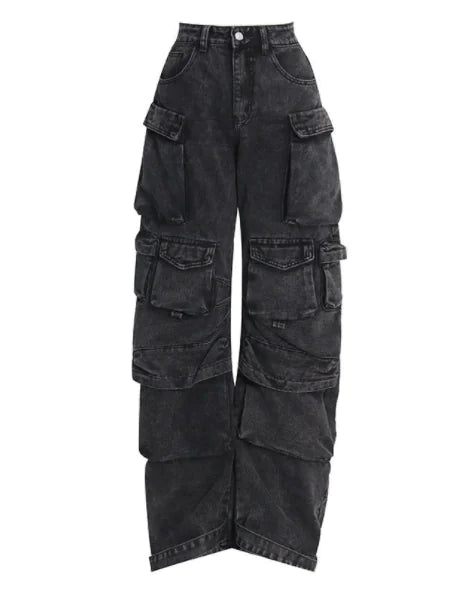 Retro High Waist Baggy Cargo Denim Pants for Women