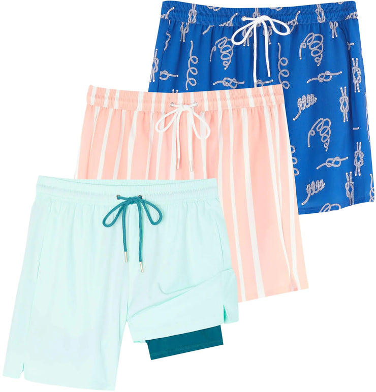 Real Essentials 3 Pack Mens Swim Trunks Bathing Suit Compression Liner Board Shorts Swimwear Swimming Trunk Swimsuit Suits 7 Inch Inseam