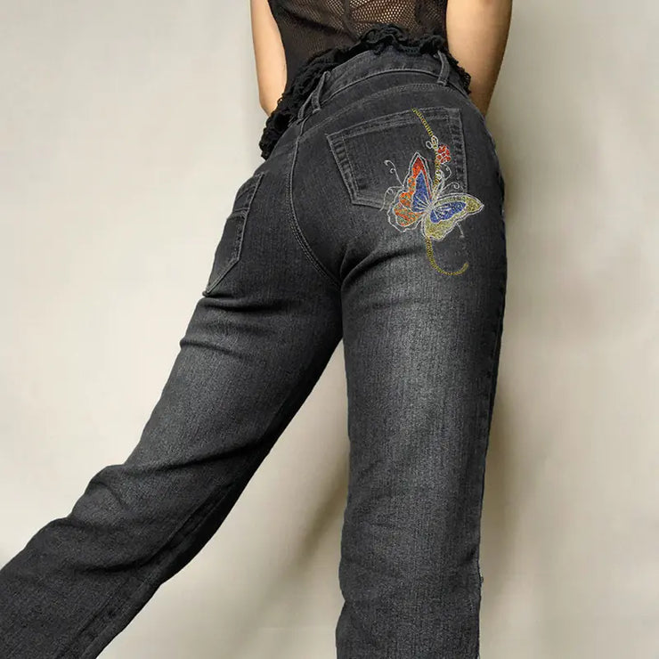 Fashionable Retro Butterfly Embroidered Low-rise Jeans