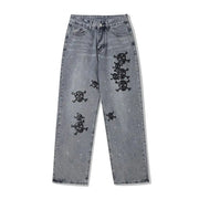 Men's Skull Embroidery Ink Washed Jeans