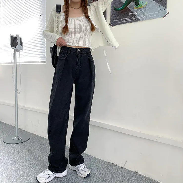 Loose Retro High Waist Wide Leg Denim Pants for Women
