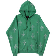 Cross Rhinestone Zip-Up Hoodie