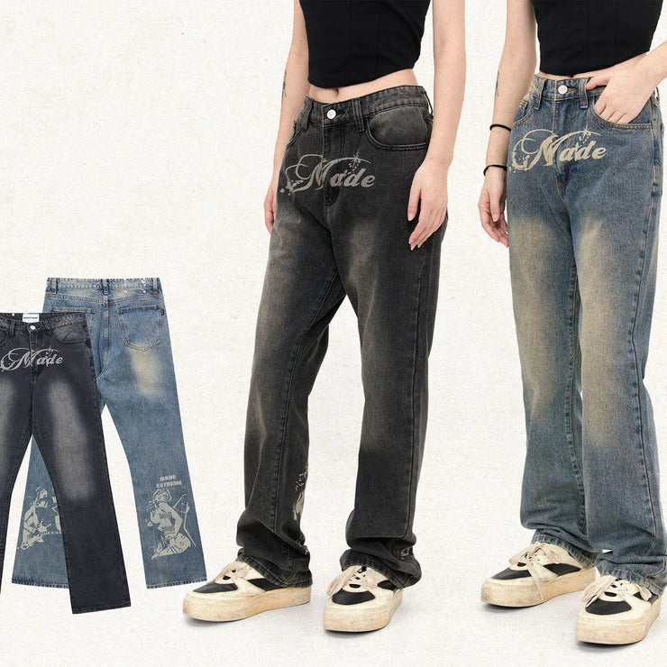 Washed White Straight Leg Jeans for Men and Women