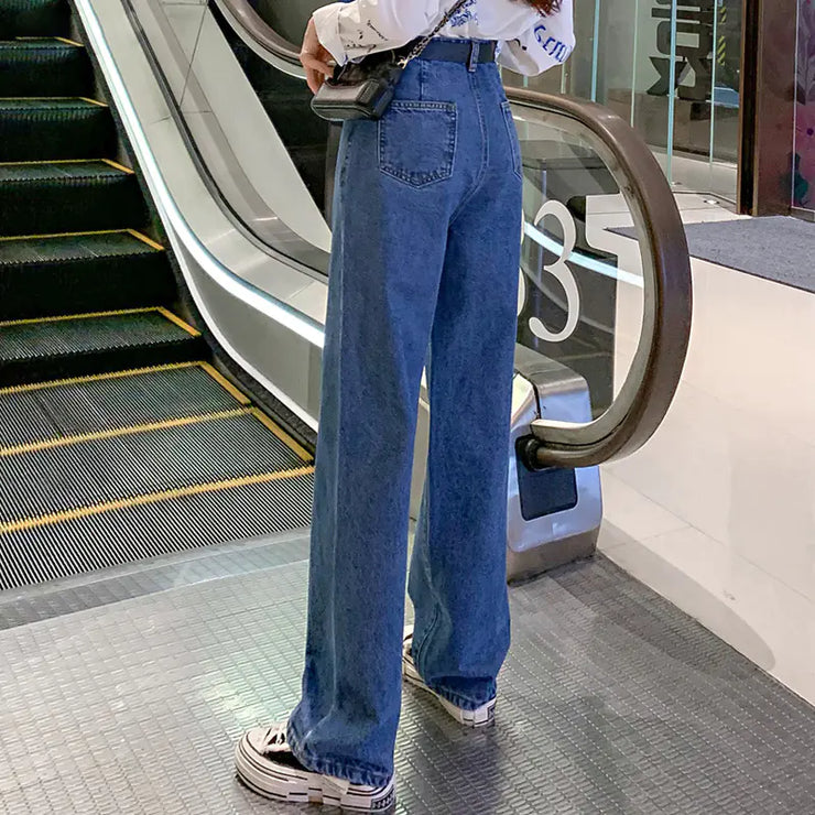 Mid Rise Baggy Loose Fit Pleated Hem Denim Jeans