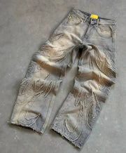 Retro Bat Embroidery Baggy Jeans - Blue (One Pair)