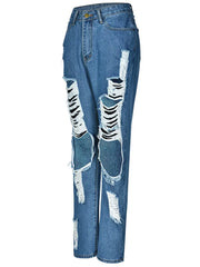 Women's Blue High Waist Ripped Straight Jeans