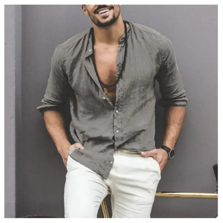 Solid Color Long Sleeve Button Stand Collar Men&