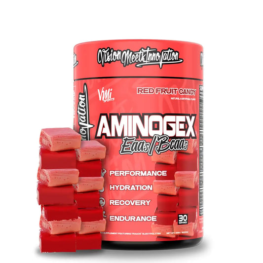 Aminogex Ultra | BCAA Powder | Amino Acids + Betaine and Glutamine | Amino Acid Post Workout Recovery Drink | Intra Workout Drink with Electrolytes | (30 Servings) (Red Fruit Candy 18.2 Ounces)