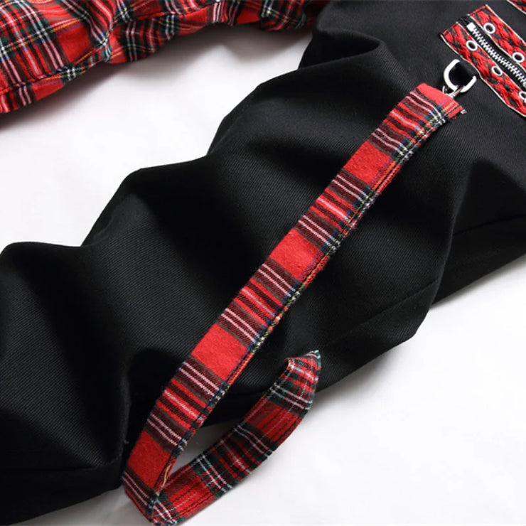 Red Plaid Punk Zipper Jeans with Gothic Hip-Hop Style