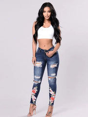 High Waist Ripped Flower Embroidered Jeans