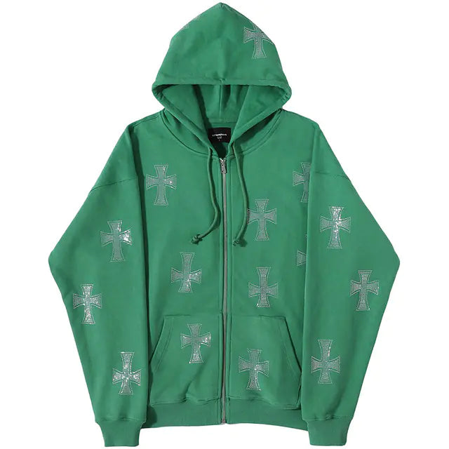 Cross Rhinestone Zip-Up Hoodie