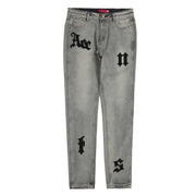 Men's Vintage Jeans with Letter Patch & Leather Embroidery
