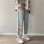 Men's Straight Loose Jeans with Kitten Print