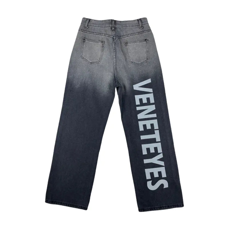 Washed Gradient Jeans with Retro Letters Design