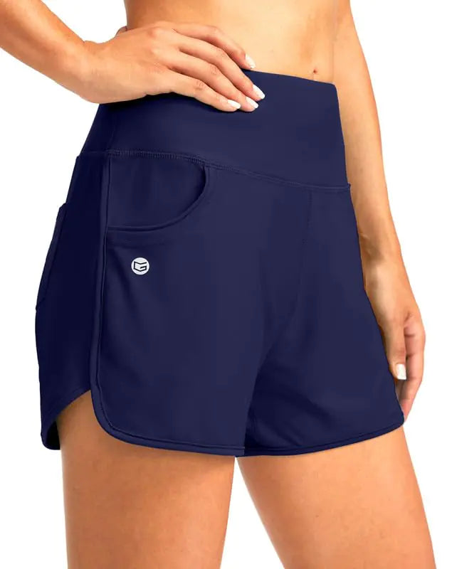 G Gradual Womens 3" High Waisted Swim Board Shorts with Pockets Quick Dry Swimsuit Bottoms Bathing Suit for Women with Liner(NavyXS)