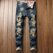 Men's Slim Fit Distressed Denim Jeans with Patches