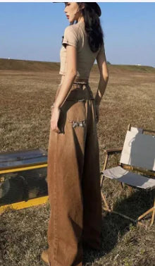 American Retro Loose Wide-Leg Frayed Jeans
