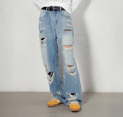 Men's Washed Blue Straight Jeans with Holes