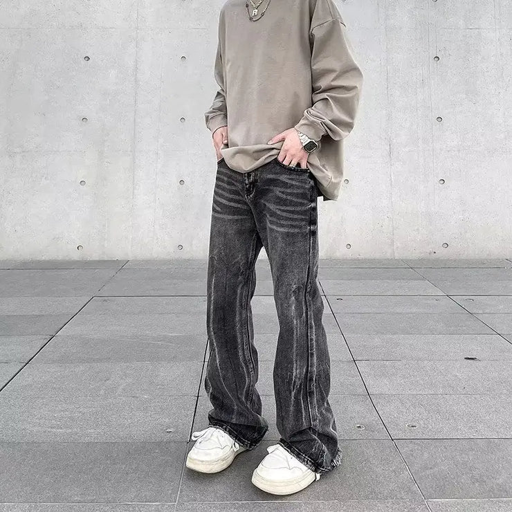 American Street Style Washed Distressed Wide Leg Jeans