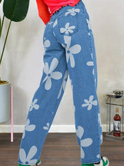 Blue Floral Print High Waist Baggy Denim Jeans for Women