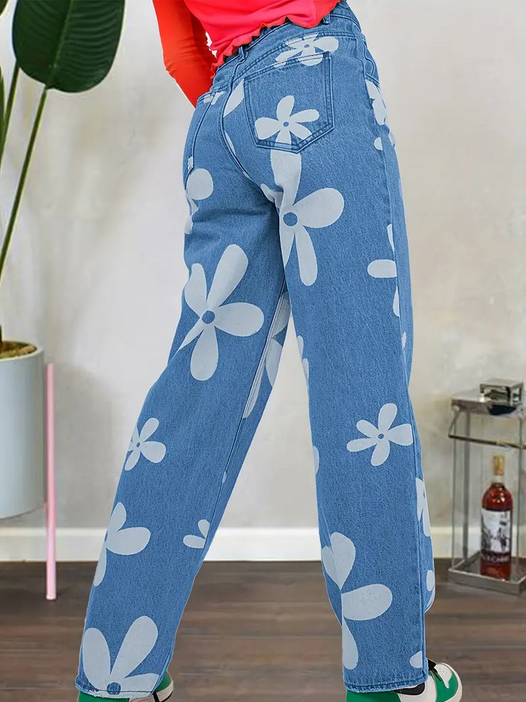 Blue Floral Print High Waist Baggy Denim Jeans for Women