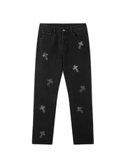 Retro Black Jeans with Cross Hot Rhinestones