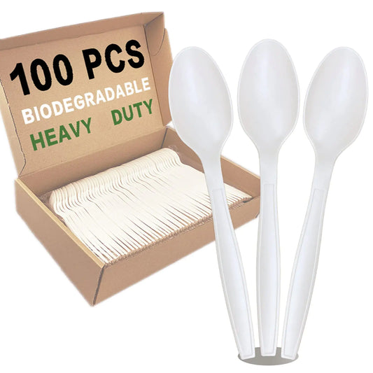 100pcs 100% Compostable Biodegradable Utensils Disposable Cutlery Set Cornstarch Spoon Fork Knife Alternative to Plastic (Spoon 100)