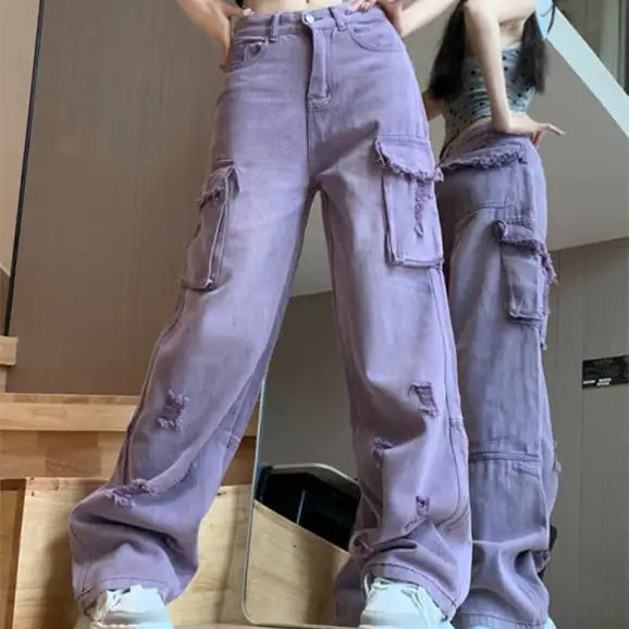 Purple Washed Distressed Wide Leg Jeans for Women