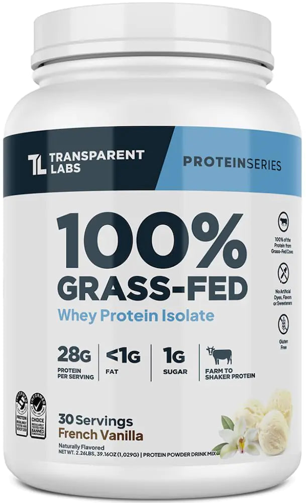Transparent Labs Grass-Fed Whey Protein Isolate - Naturally Flavored Gluten Free Whey Protein Powder with 28g of Protein per Serving & 9 Amino Acids - 30 Servings French Vanilla
