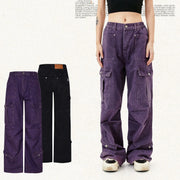 Washed Distressed Straight Leg Pocket Pleated Jeans