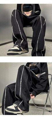 Street Style Distressed Gray Wide-Leg Denim Jeans