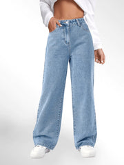 Blue High Waist Loose Fit Straight Leg Denim Jeans