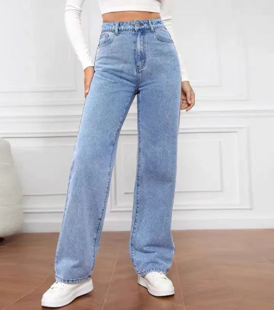 Blue High Waist Loose Fit Straight Leg Denim Jeans