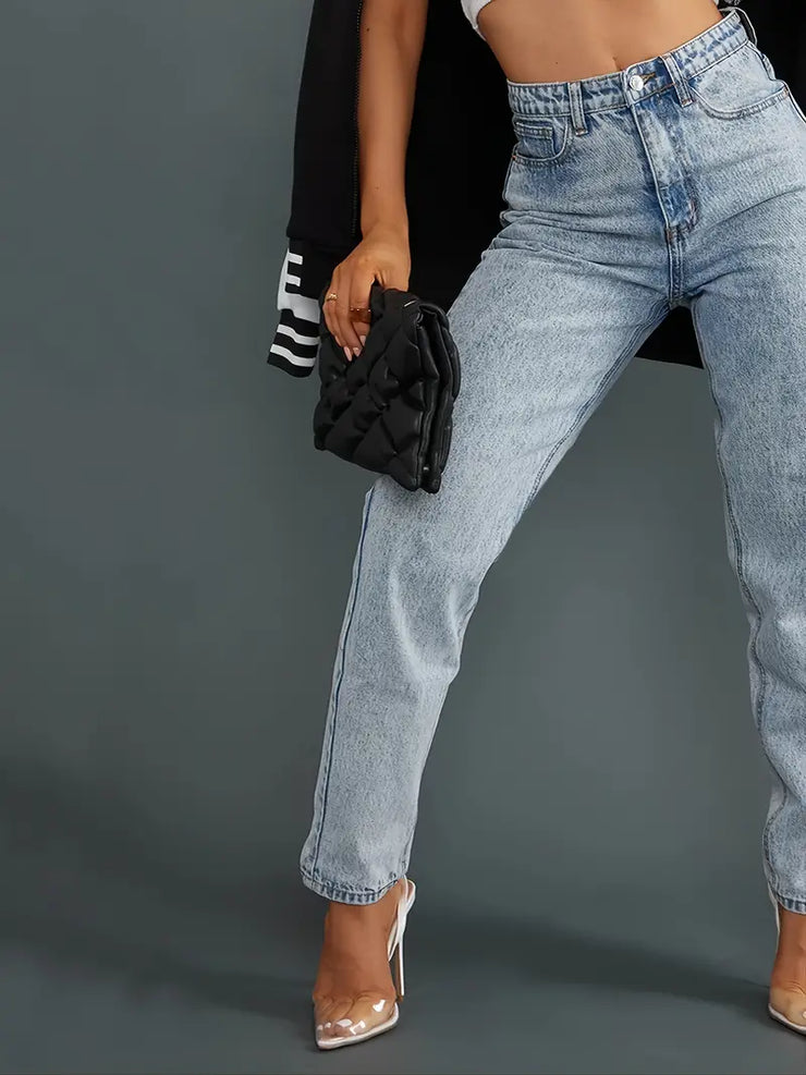 Casual Acid Washed Wide Leg Mom Jeans for Women