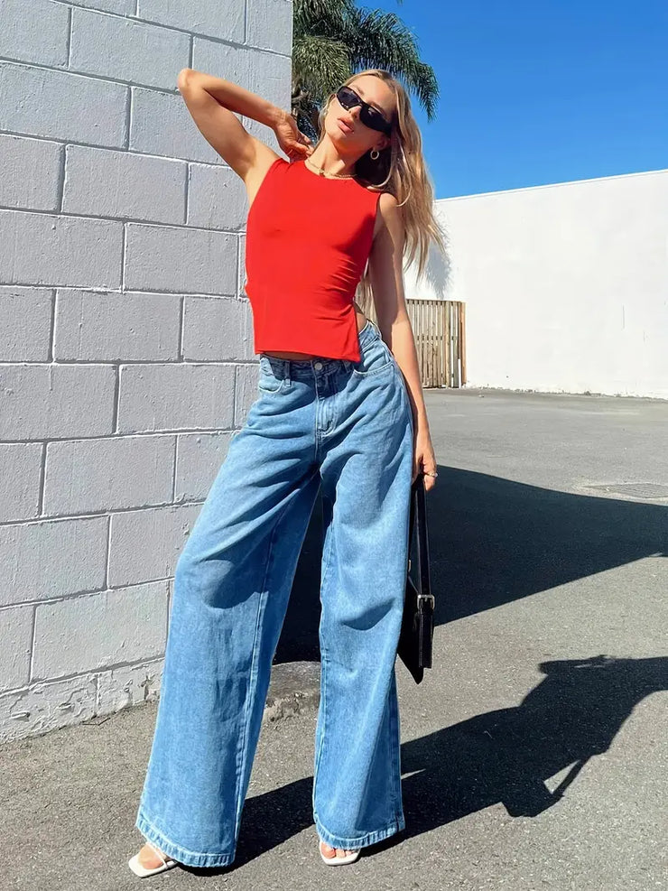 Blue High Waist Straight Baggy Denim Jeans for Women