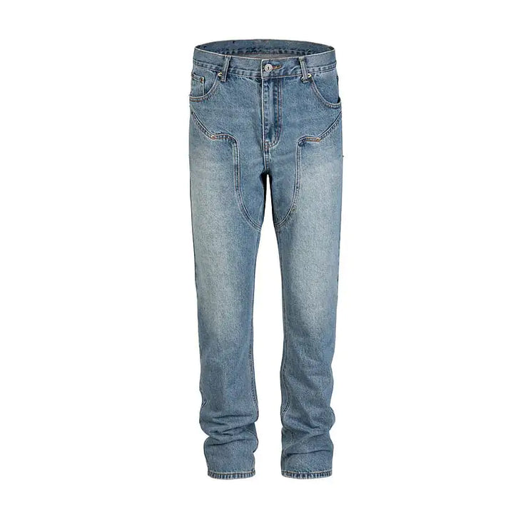Washed Old Blue Stitching Slim Straight Jeans