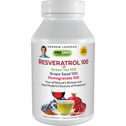 Andrew Lessman Resveratrol-100 with Green Tea 100 Grape Seed 100 Pomegranate 100-360 Capsules – Four Powerful Protective Anti-oxidants.