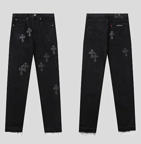 Retro Black Jeans with Cross Hot Rhinestones