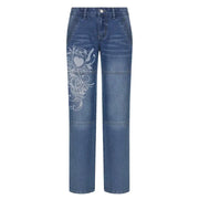 Low-rise Pleated Heart-print Loose Washed Jeans
