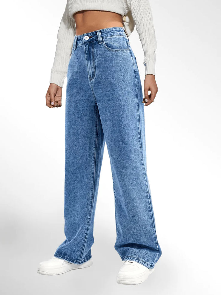 Blue High Waist Loose Fit Straight Leg Denim Jeans