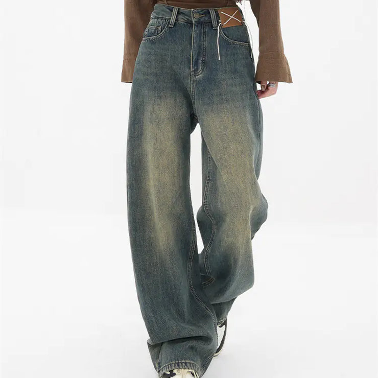 Distressed High Waist Loose Wide-Leg Straight Jeans