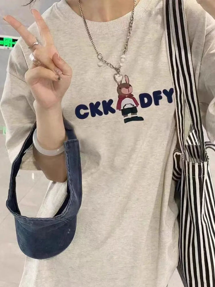 Cotton Loose Summer T-Shirt with Cartoon Print for Women