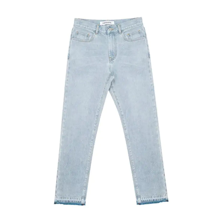 Distressed Embroidered Straight-Leg Jeans in Washed Blue