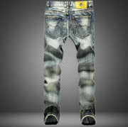 Men's Ripped Jeans with Patchwork Straight Fit Pants